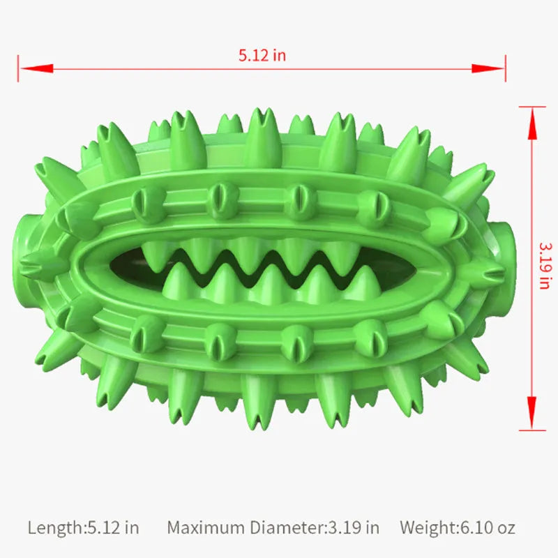Green cactus-shaped dog chew toy with textured cleaning surfaces and central treat channel
