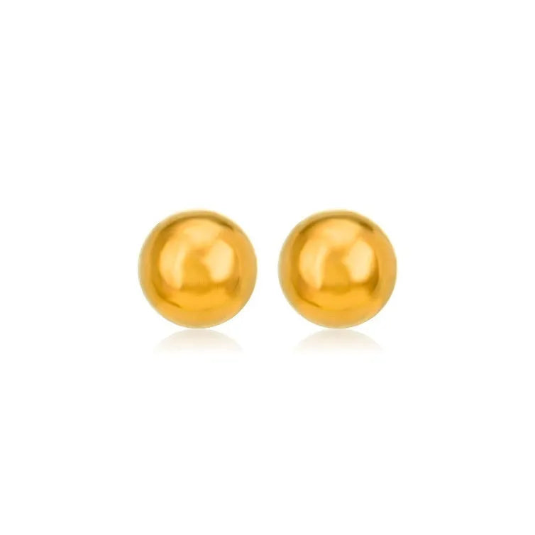 Stainless steel ball stud earrings showing 3mm, 4mm, 5mm, and 6mm sizes with gold and silver finishes