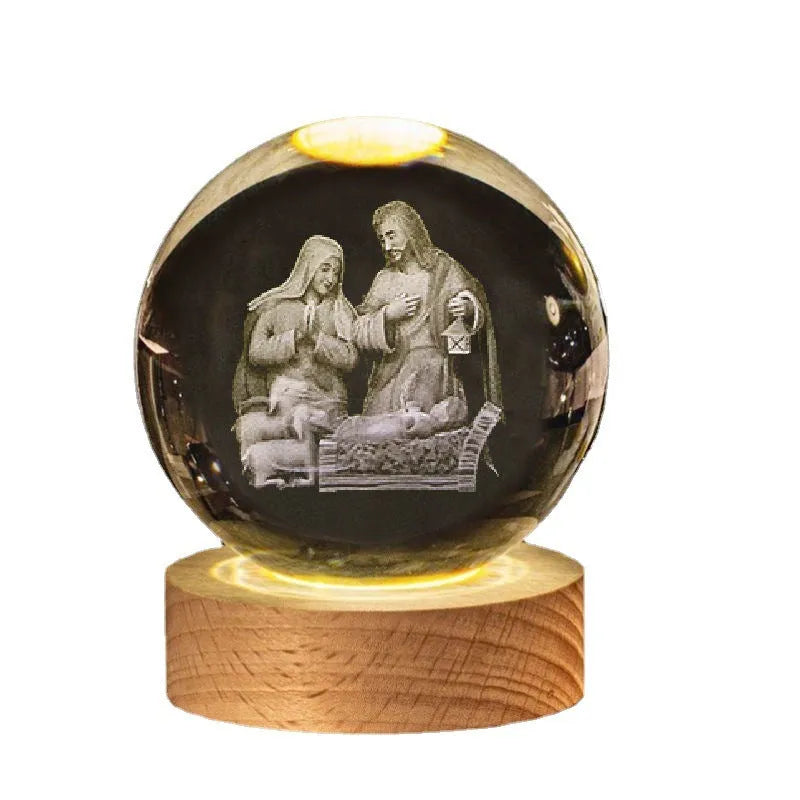 White crystal ball desk lamp on wooden base with warm light, showing religious symbol options.