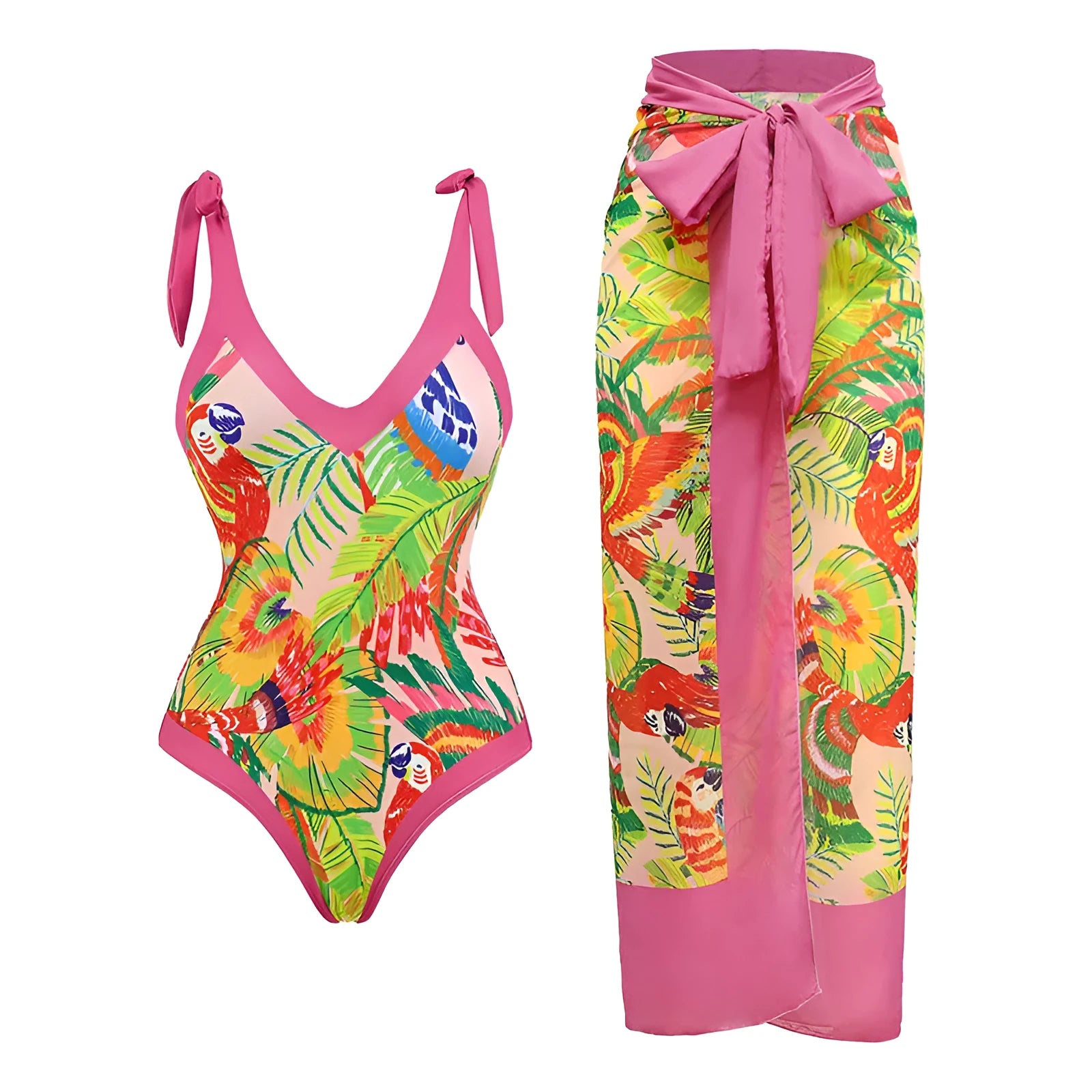 Solid colour women's one-piece swimsuit with spaghetti straps and an attached skirt.