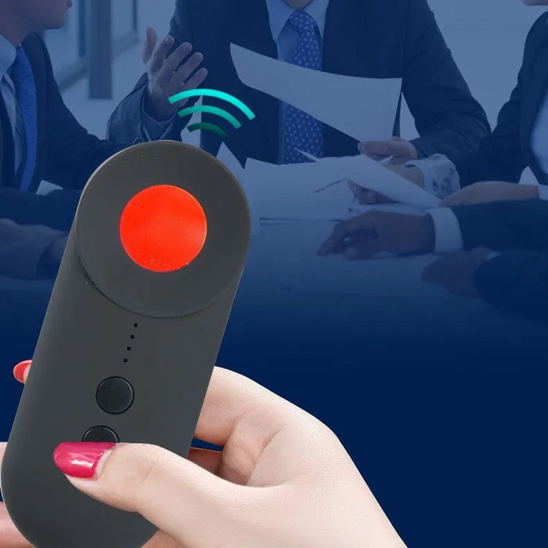 Black handheld GPS and camera detector with display, measuring 93.8mm long, shown with a USB charging cable.