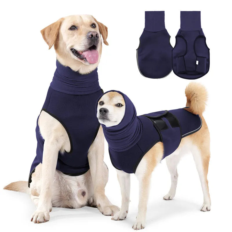 Dog wearing army green anti-anxiety calming jacket with gentle pressure wrap design
