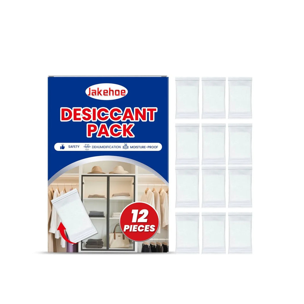 Pack of 12 white calcium chloride desiccant bags for absorbing household moisture and reducing damp.