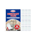 Pack of 12 white calcium chloride desiccant bags for absorbing household moisture and reducing damp.