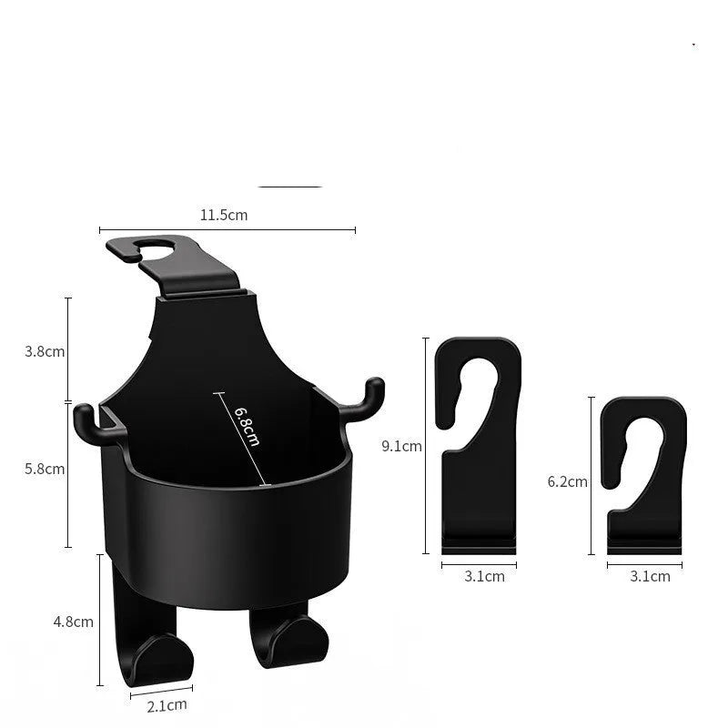 Black plastic car seat back organiser with cup holder and hanging hooks mounted on vehicle headrest