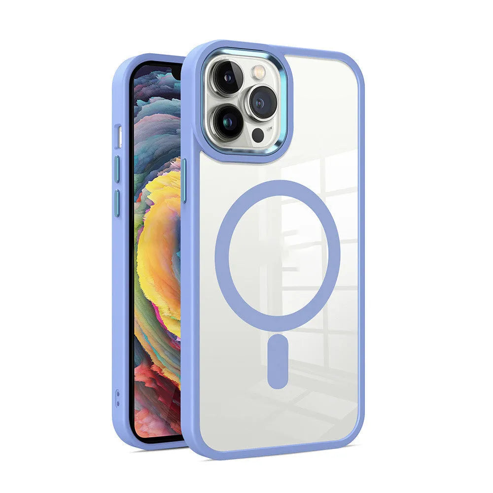 Transparent magnetic silicone phone case for iPhone in solid colour options including green, red, and blue.