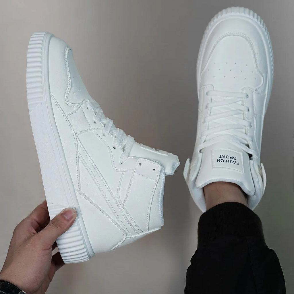 Men's white round-toe casual shoes made from microfiber material.