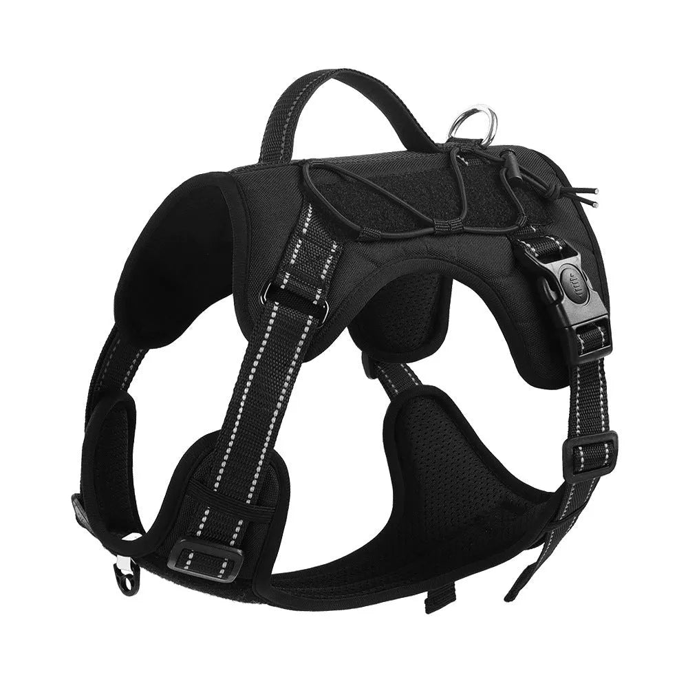 Orange reflective dog vest harness with integrated black hand-holding rope and adjustable straps.