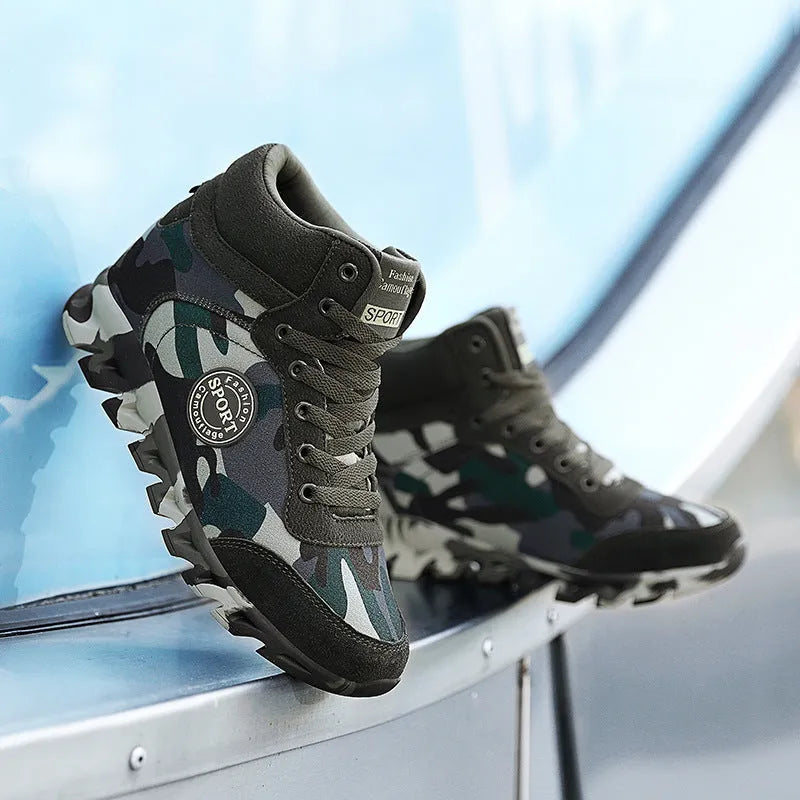 Green women's camouflage canvas sneakers with rubber soles shown in casual style