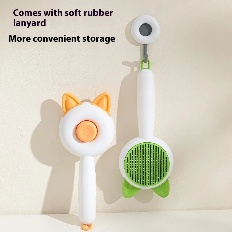 Self-cleaning pet grooming brush with stainless steel teeth in greenish white colour