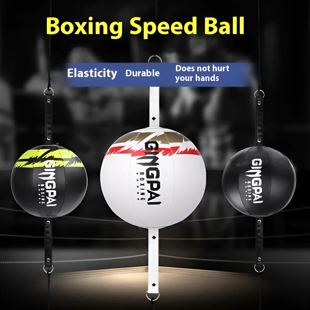 PU hanging boxing speed ball for reaction training in black, black and green, or white colour.