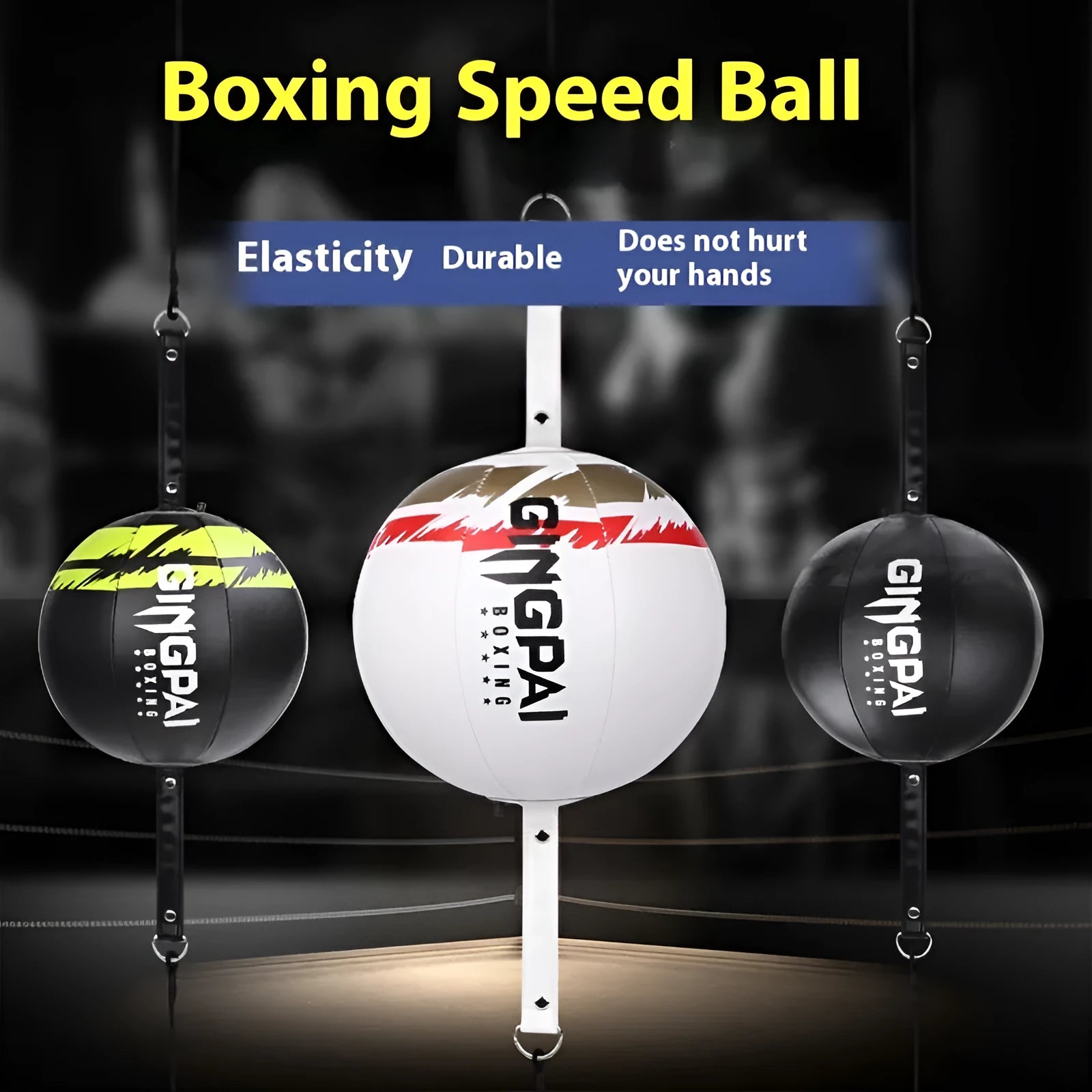 PU hanging boxing speed ball for reaction training in black, black and green, or white colour.