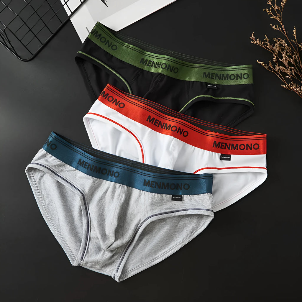 Men's low waist cotton blend briefs in a grey and blue colour block combination.