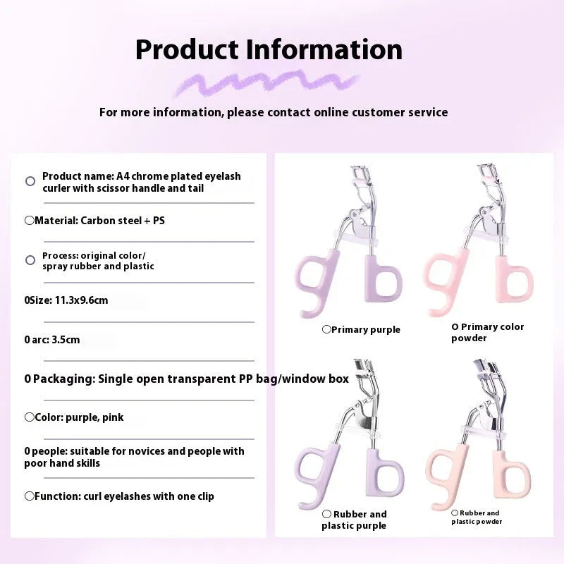 A4 chrome scissors handle eyelash curler with tail, shown in pink and purple colour options.