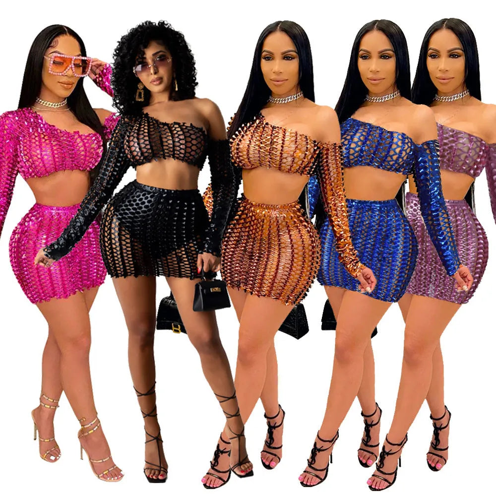 Women's hollow-out two-piece dress set with net hole detail on sleeveless top and short skirt