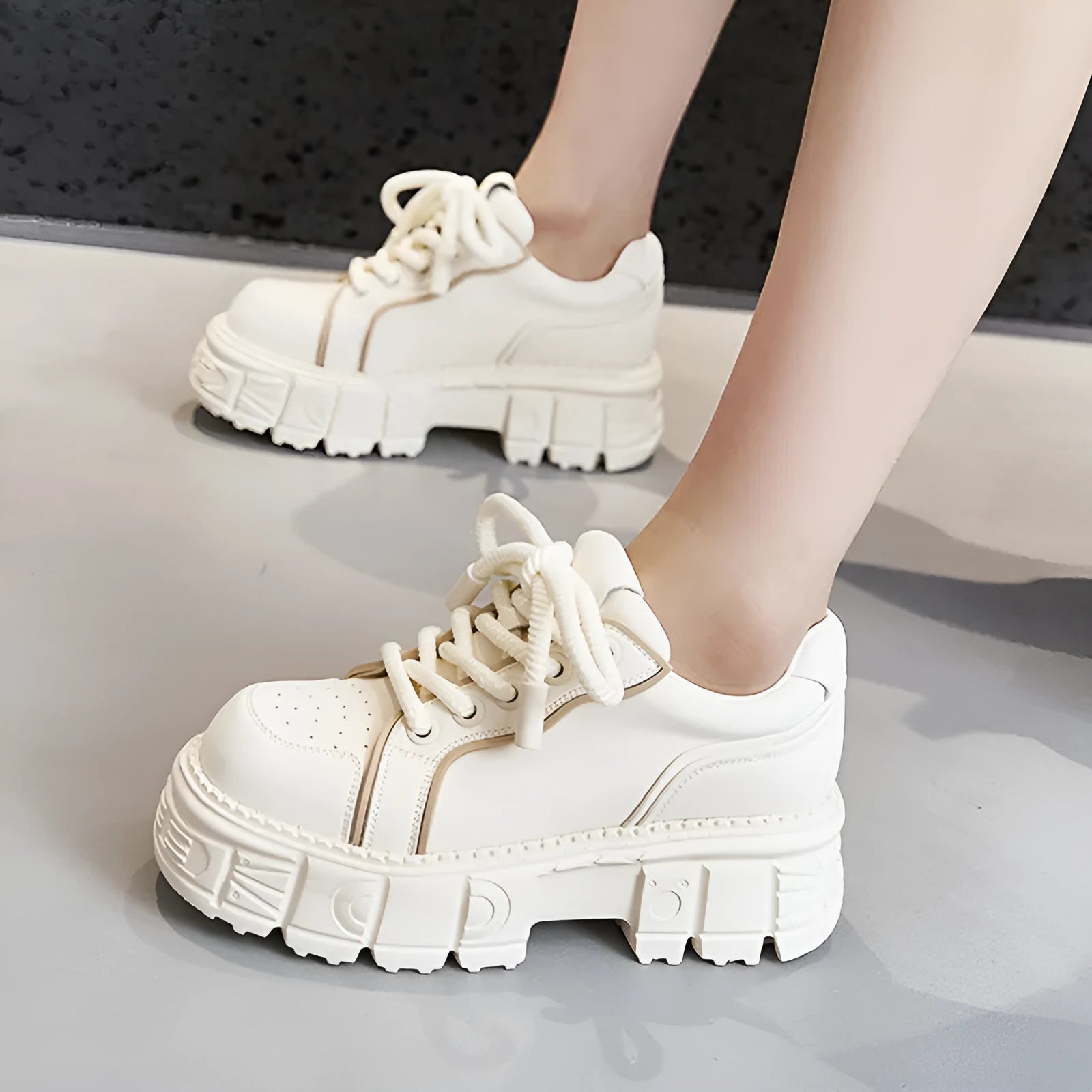 Women's casual leather shoes with thick rubber foam soles in beige or pink solid colours