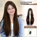 Full-head lace front wig with mid-length straight black hair displayed with styling accessories