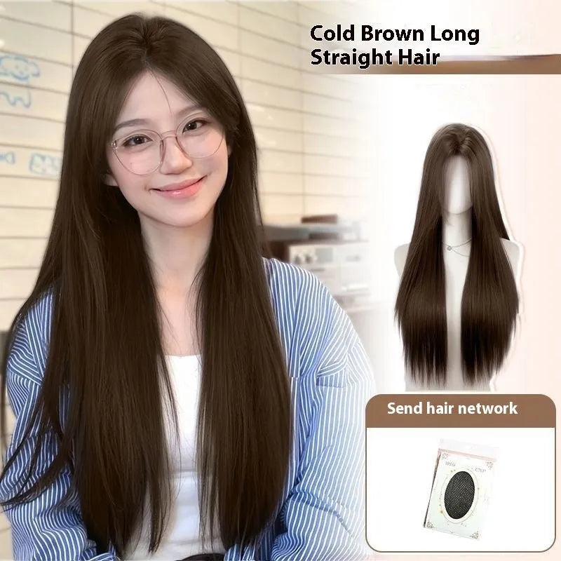 Full-head lace front wig with mid-length straight black hair displayed with styling accessories