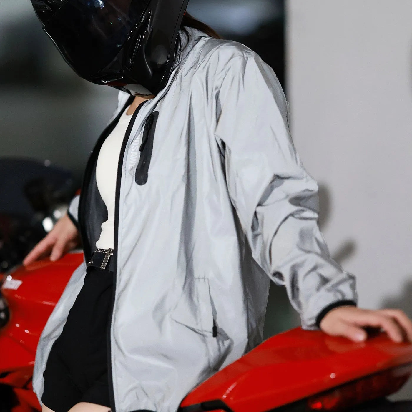 Waterproof polyester long sleeved top in silver BL220 colour showing windproof outdoor jacket