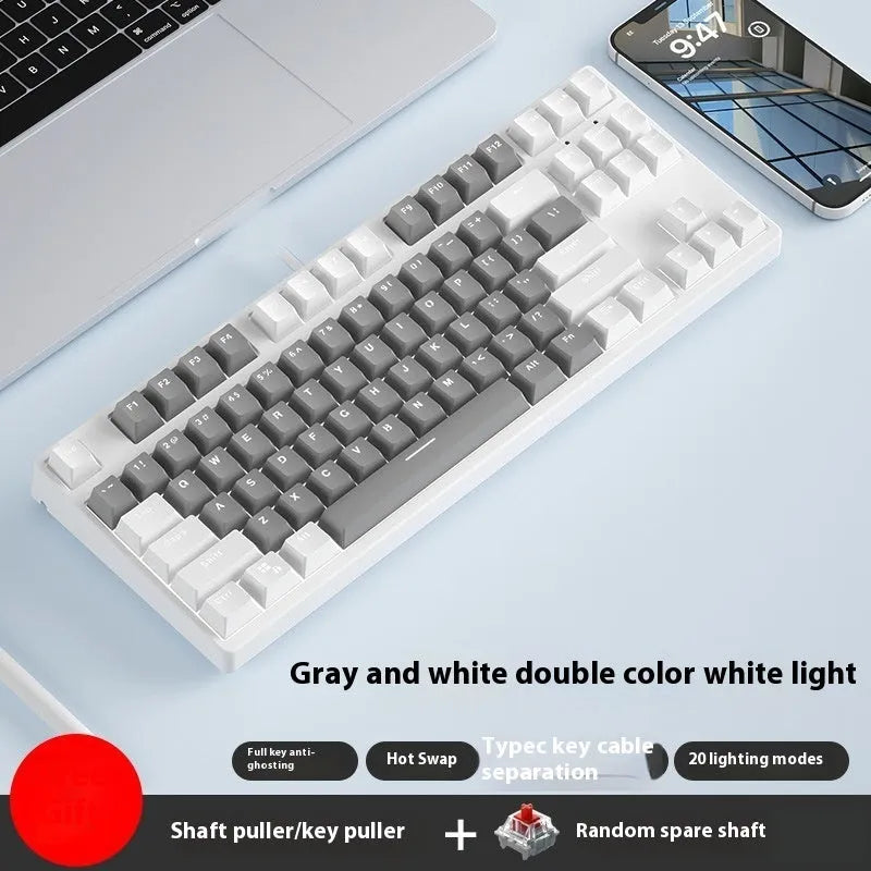 87-key wired mechanical keyboard with hot-swappable sockets showing colour options and included accessories