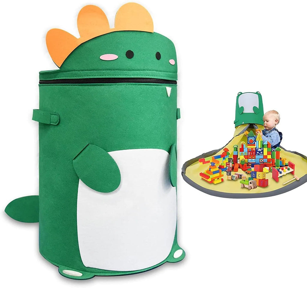 Green felt cube storage bag with pull rope serving as toy organiser and play mat