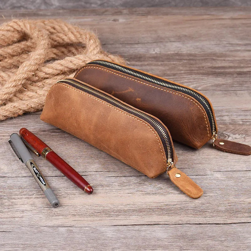 Handmade square leather pencil case with zipper in black, brown, dark brown, or yellow