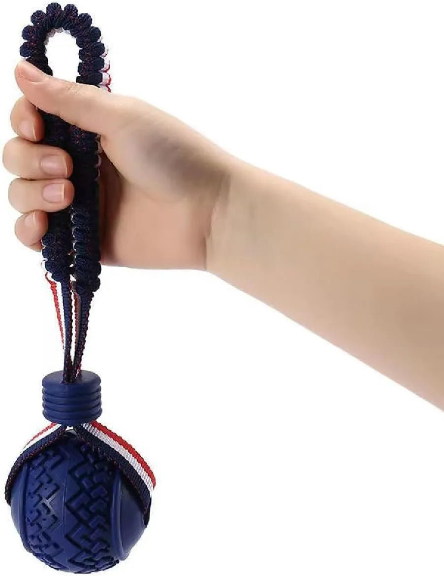 Blue dog ball with rope toy showing textured surface and 29cm length