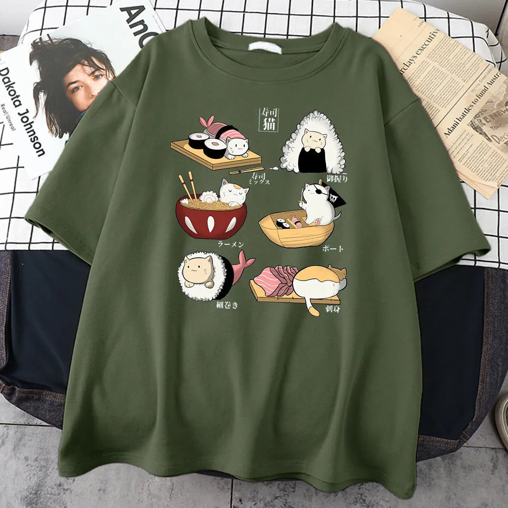 Men's cotton T-shirt with cartoon cat sushi design in loose fit with short sleeves