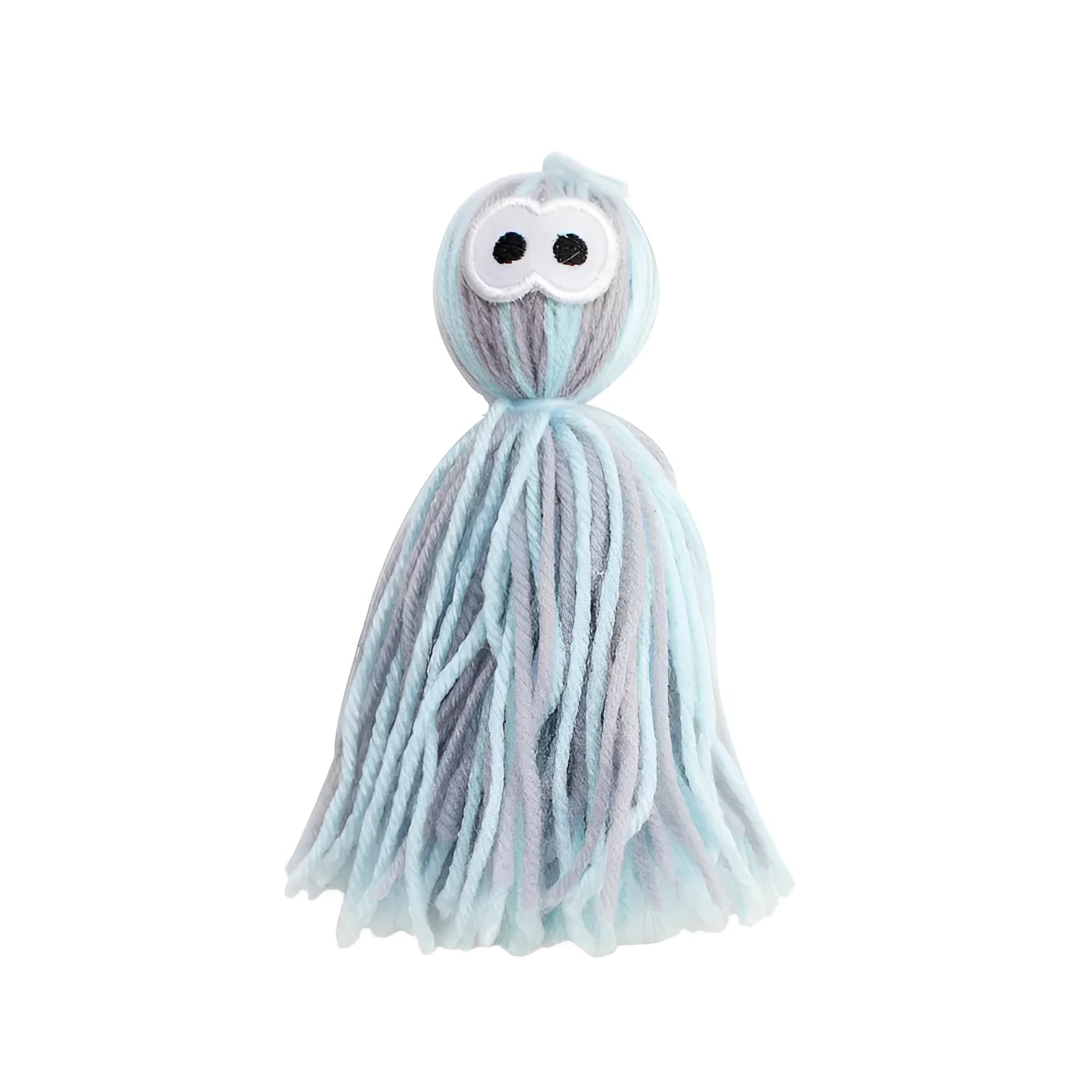 Hanging wool ball cat toy with teaser stick accessory in blue gray, pink blue, or pink purple colours