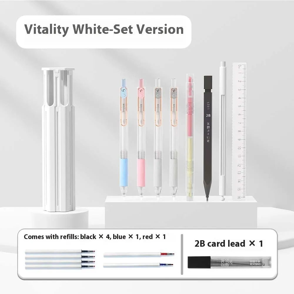Plastic pencil case designed to hold six pens, shown in sky blue, white, and pink colour options.