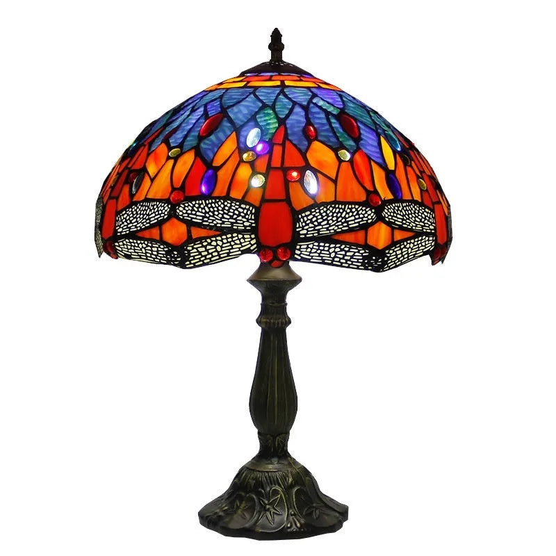 Stone table lamp with Tiffany-style dragonfly design in retro European style