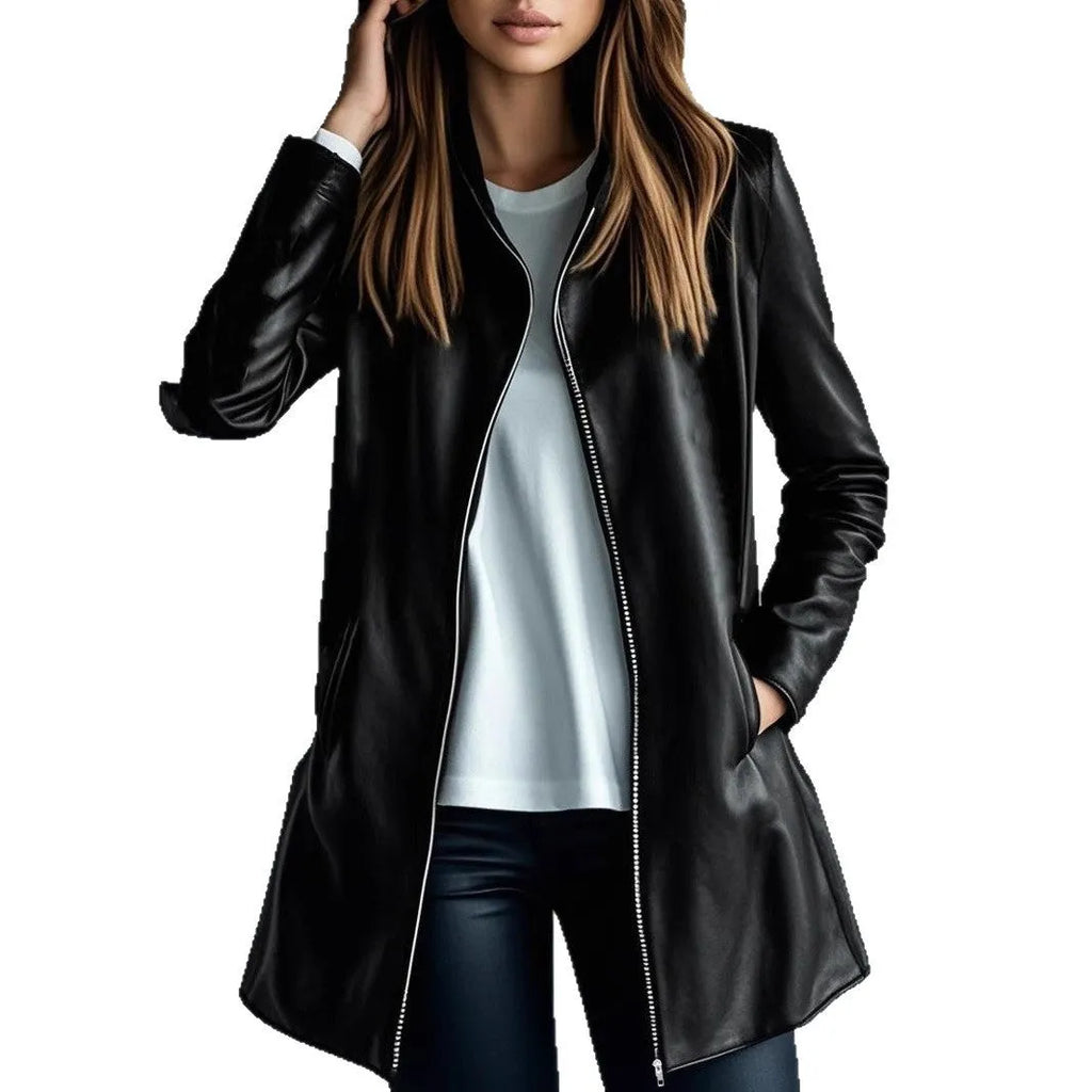 Black women's leather jacket with long sleeves and medium 65cm length