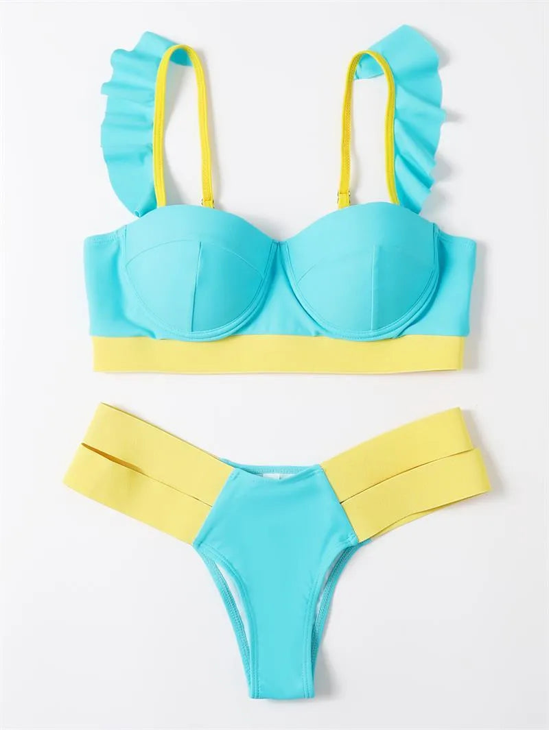 Women's contrast colour push-up bikini set with steel bracket support in Rose Red, Black, or Peacock Blue Nylon fabric