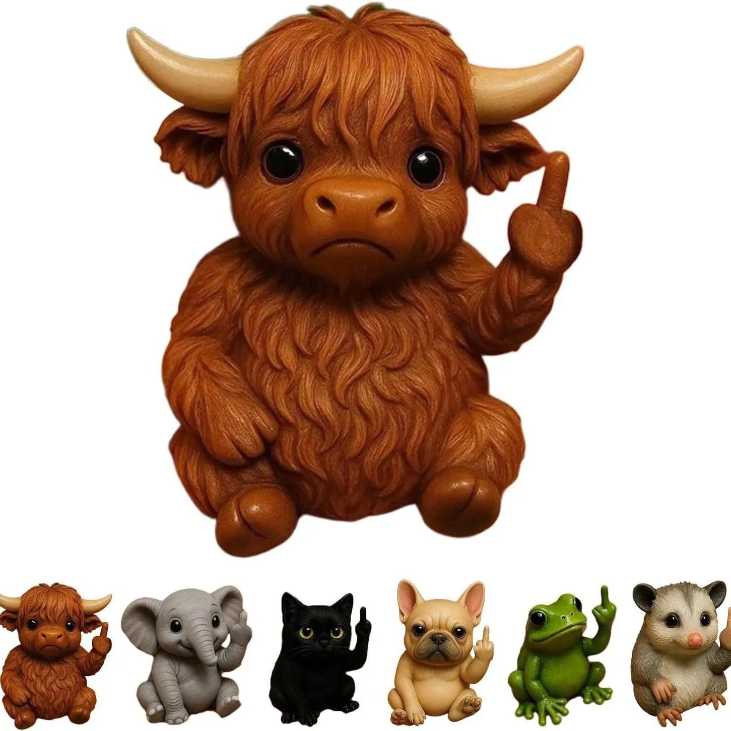 Mini resin animal doll holding up a middle finger, available in cat, dog, elephant, frog, cow, mouse, and turtle styles.