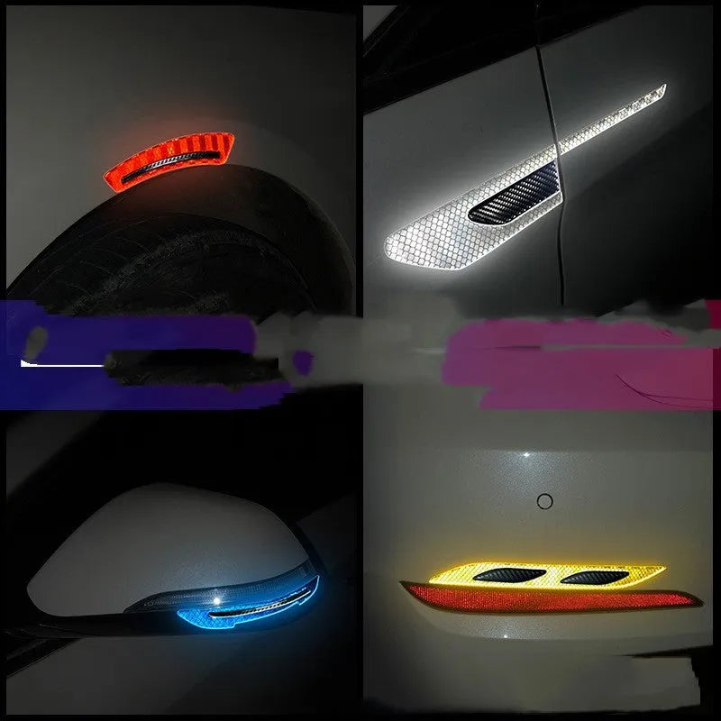 Blue and yellow 17mm reflective car bumper strips showing universal fit for vehicle wheels