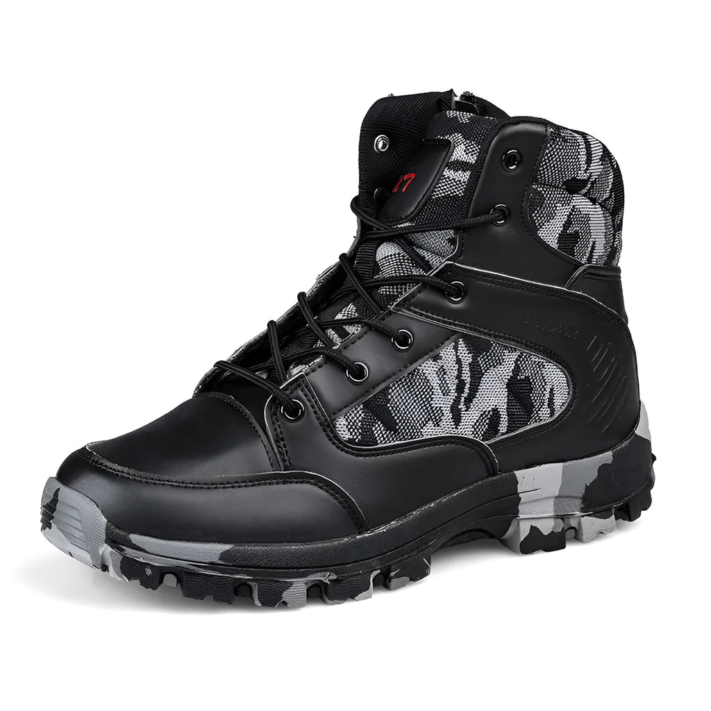 Men's black high-top hiking shoes with artificial PU upper and metal detail.