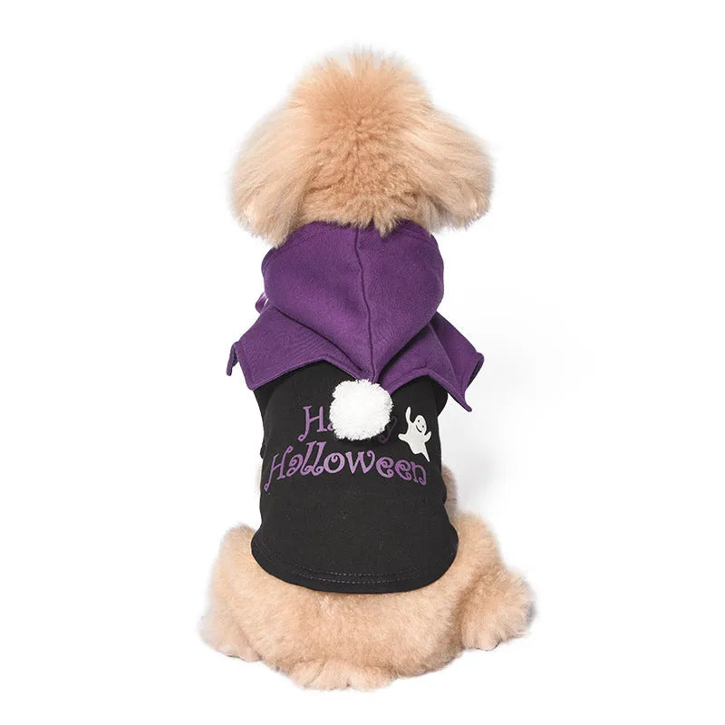 Halloween pumpkin two-piece dog costume with hooded sweater and shawl base layer