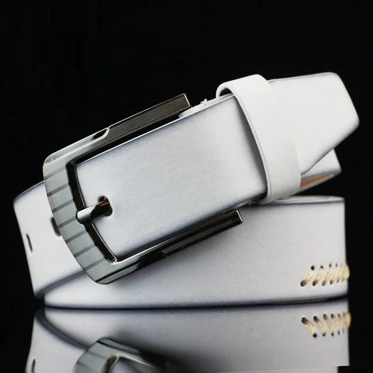 Men's black threading pattern casual belt with an alloy pin buckle, shown at 110cm length.
