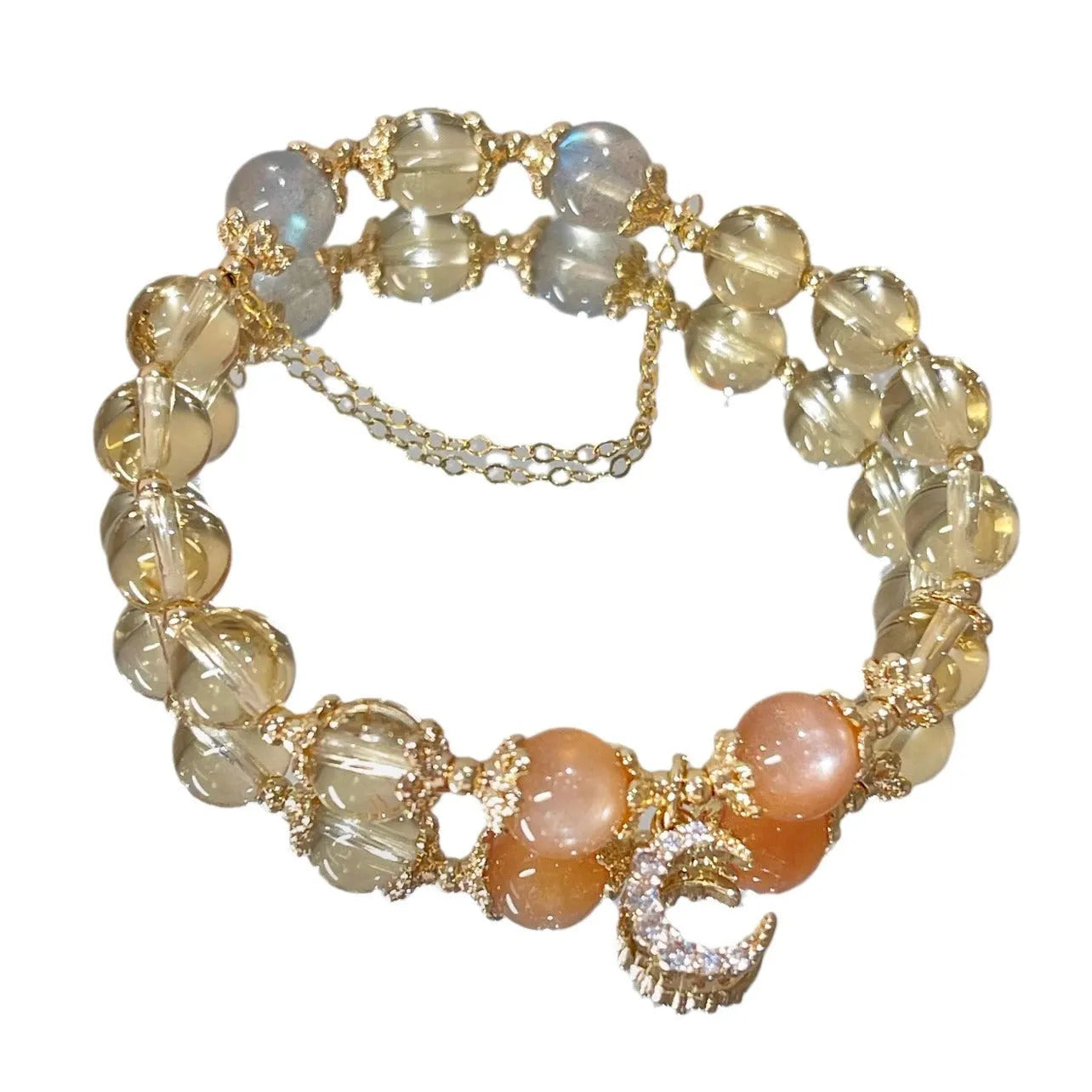 Women's Chinese-style crystal bracelet with citrine moonstone centrepiece and 14K gold electroplating