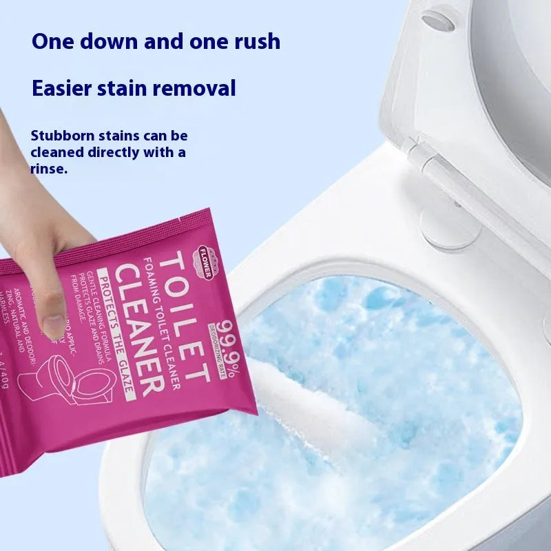 Toilet bubble powder cleaning product in blue ocean or pink floral fragrance, offered in boxed sachets or a large bag.