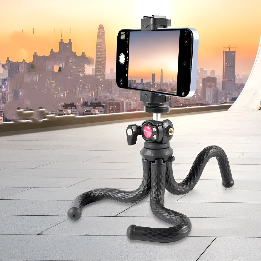Black aluminium alloy mobile phone gimbal tripod set with adjustable length and smartphone clip