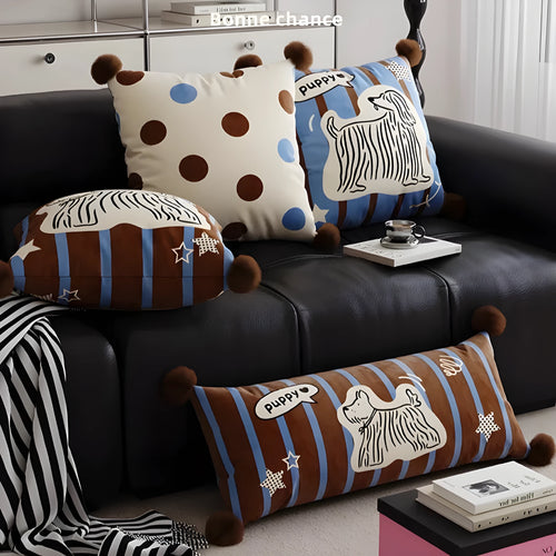 Cartoon animal print decorative cushion pillow on a sofa in blue, brown, or white.