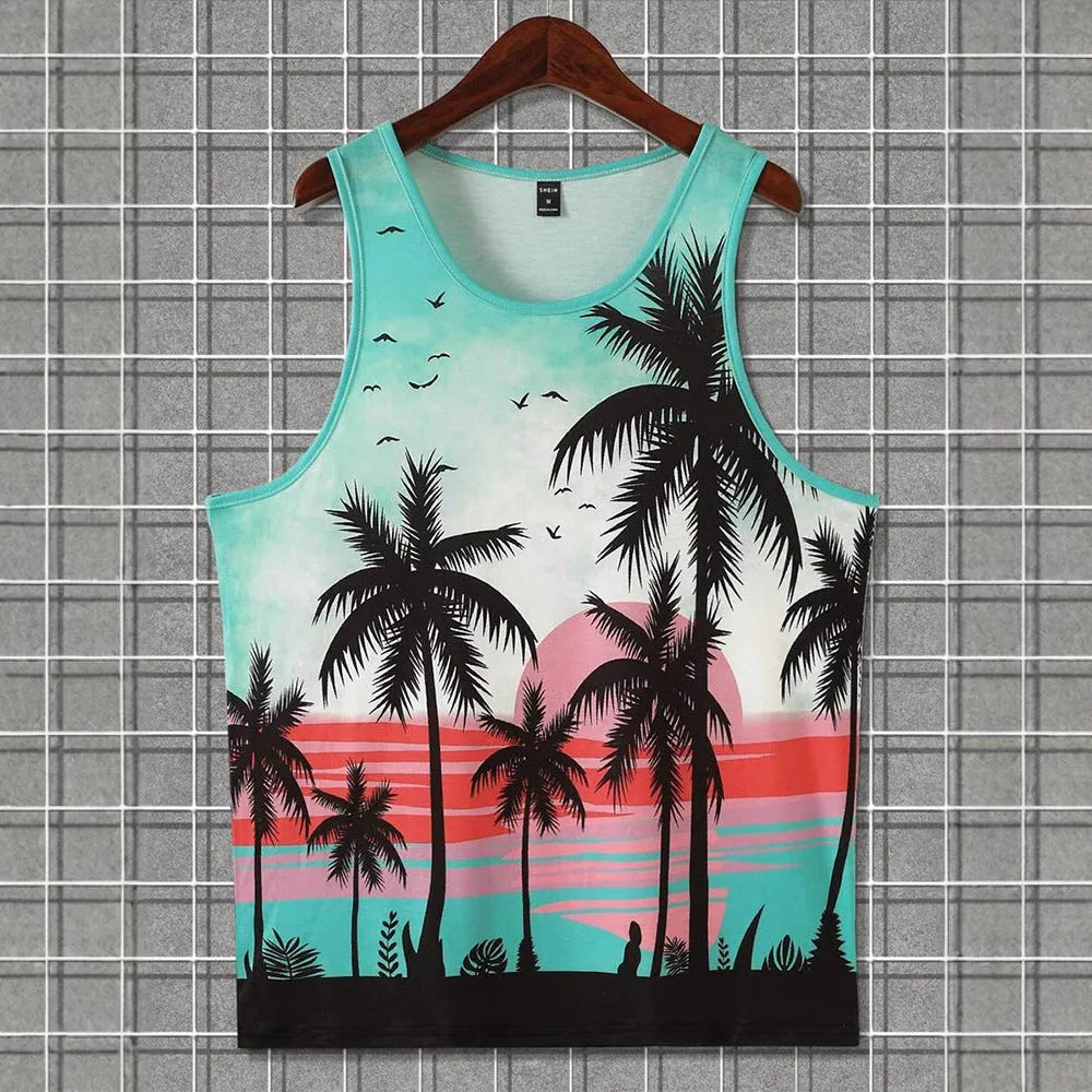 Men's 3D printed Hawaiian-style sleeveless vest in polyester pinhole cloth showing solid colour option