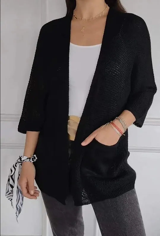Women's waffle texture cardigan coat in army green with nine-quarter sleeves and pockets.