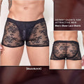 Men's black boxer briefs with white lace trim on the leg opening.