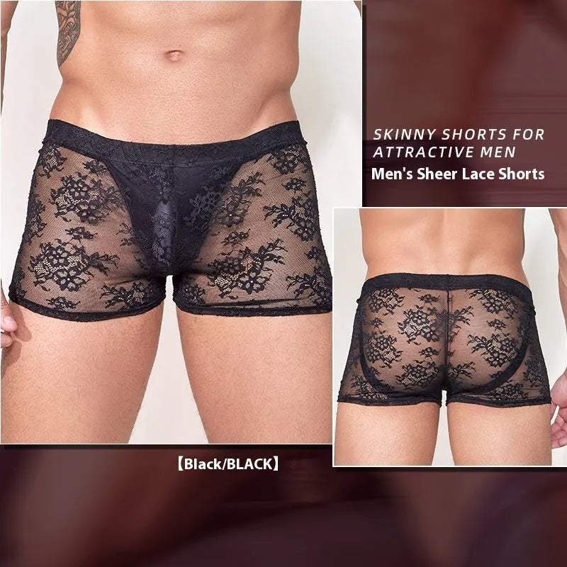 Men's black boxer briefs with white lace trim on the leg opening.