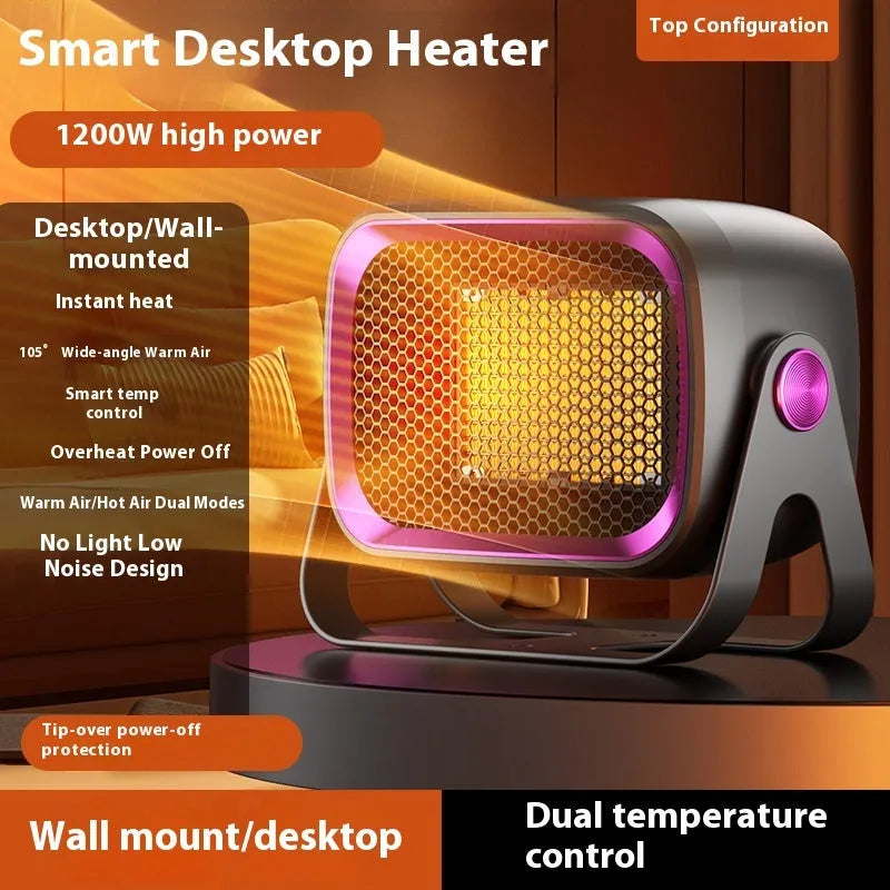 Compact desktop ceramic heater in grey colour with push-button controls