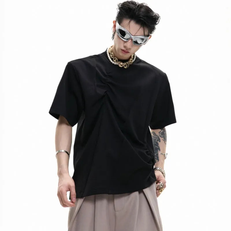Men's grey cotton T-shirt with three-dimensional pleated texture and a loose fit