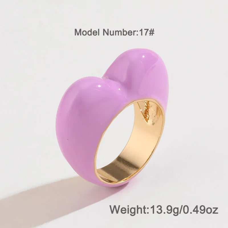 Original design three-dimensional enamel heart ring in zinc alloy showing colour options