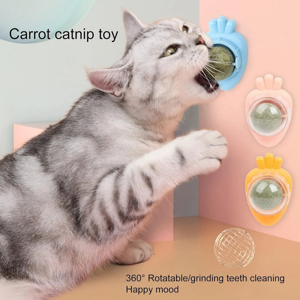 Blue carrot-shaped self-adhesive catnip toy for wall mounting and teeth cleaning